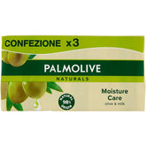 Palmolive Bar Soap Moisture Care 3 x 90g features olive and milk, is labeled 98% natural origin, and provides gentle, hydrating care.